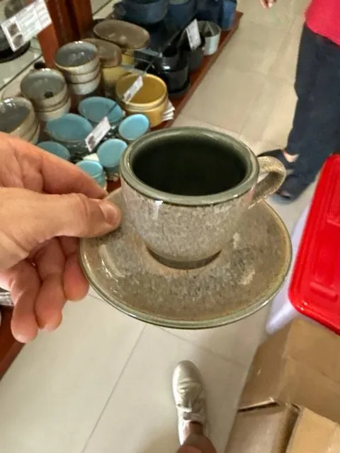 Чашка с блюдцем, серо-зелёная реактивная глазурь